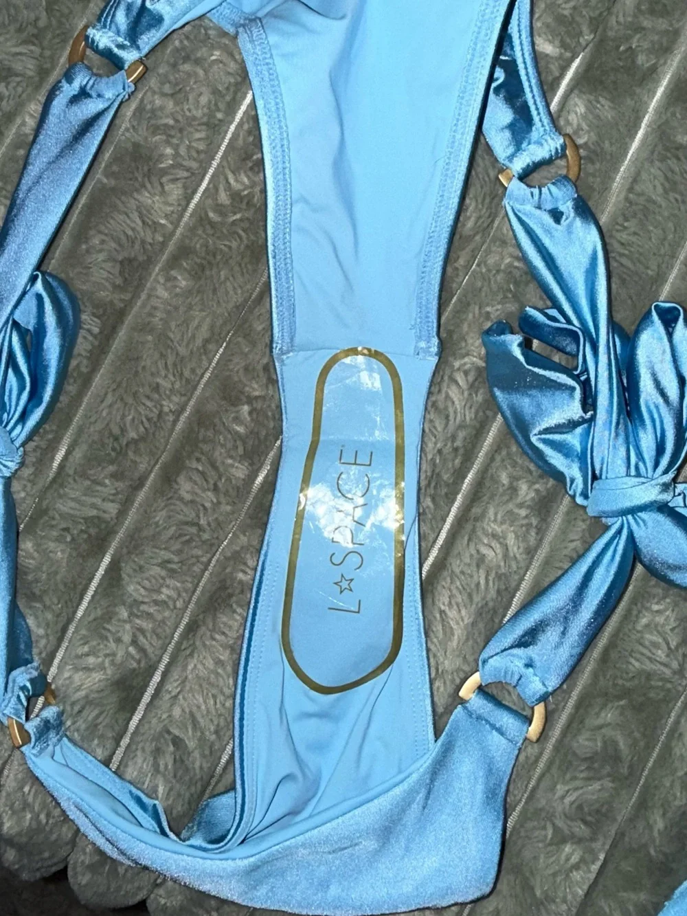 l*space Sky Blue Bandeau Bikini Top with seashell & gold metal D ring bottom M